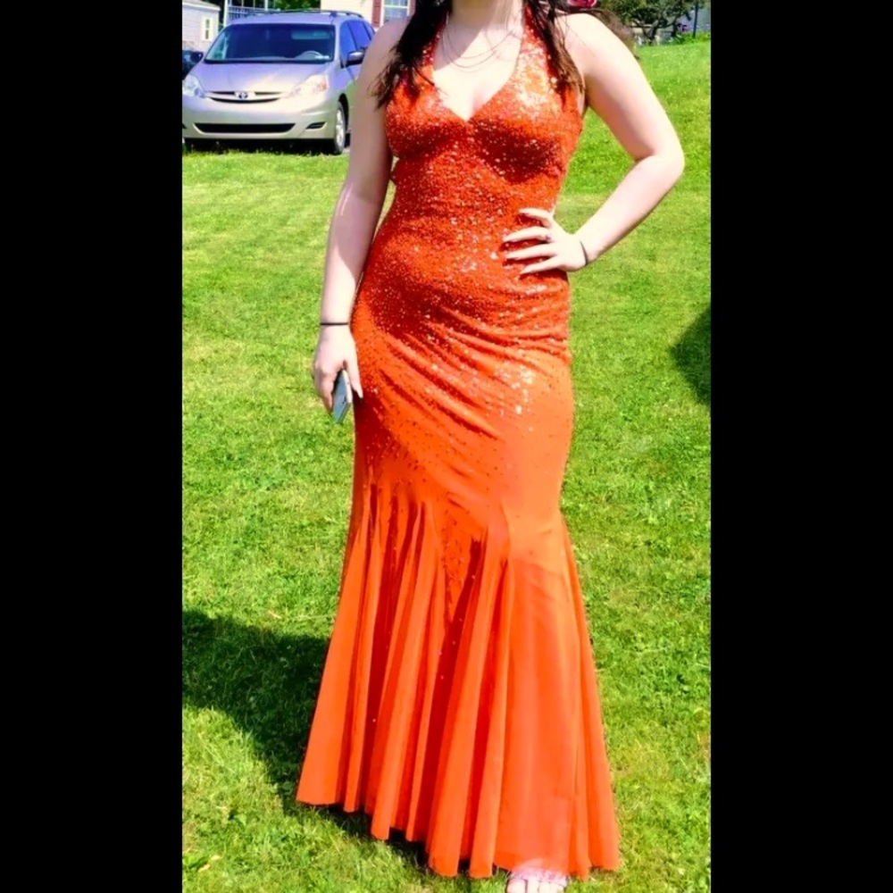 Orange, sequin, haltered prom dress,